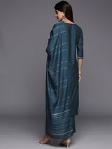 Blue Embroidered Silk Blend Straight Kurta With Trousers & Dupatta