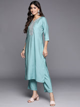 Blue Yoke Design Silk Blend Straight Kurta With Trousers & Dupatta