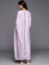 Lavender Yoke Design Silk Blend Straight Kurta With Trousers & Dupatta