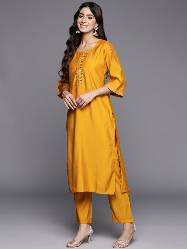 Mustard Solid Silk Blend Straight Kurta With Trousers & Dupatta