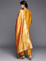 Mustard Solid Silk Blend Straight Kurta With Trousers & Dupatta