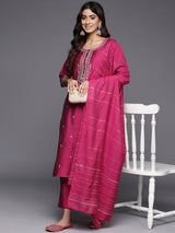 Pink Embroidered Silk Blend Straight Kurta With Trousers & Dupatta