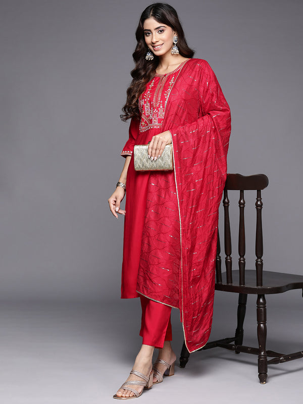 Red Yoke Design Silk Blend Straight Kurta With Trousers & Dupatta