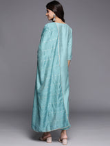 Blue Yoke Design Silk Blend Straight Kurta With Trousers & Dupatta