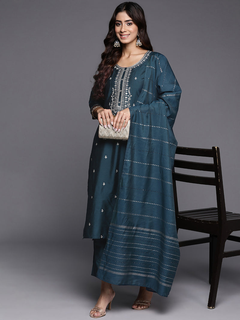 Blue Embroidered Silk Blend Straight Kurta With Trousers & Dupatta