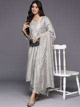 Grey Yoke Design Silk Blend Straight Kurta With Trousers & Dupatta