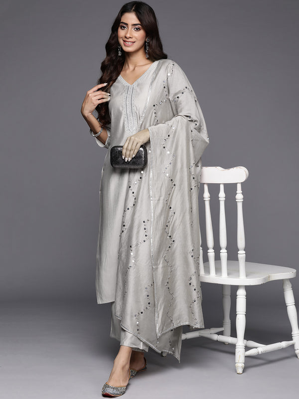 Grey Yoke Design Silk Blend Straight Kurta With Trousers & Dupatta