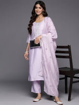 Lavender Yoke Design Silk Blend Straight Kurta With Trousers & Dupatta