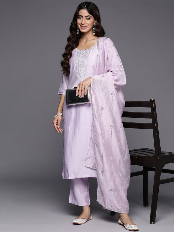 Lavender Yoke Design Silk Blend Straight Kurta With Trousers & Dupatta