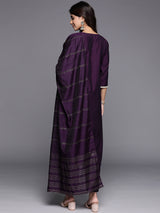 Purple Embroidered Silk Blend Straight Kurta With Trousers & Dupatta