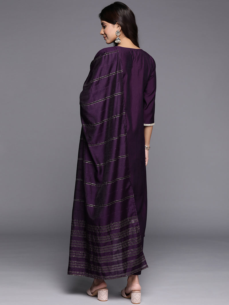Purple Embroidered Silk Blend Straight Kurta With Trousers & Dupatta
