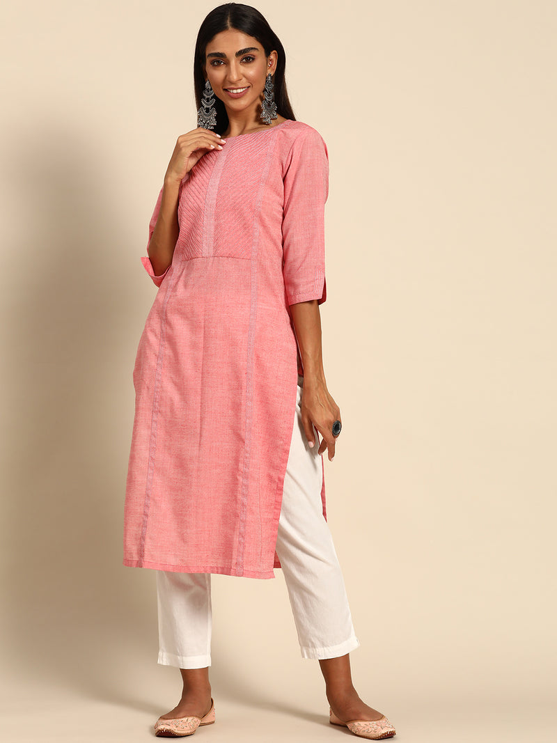 Pink Solid Cotton Kurta