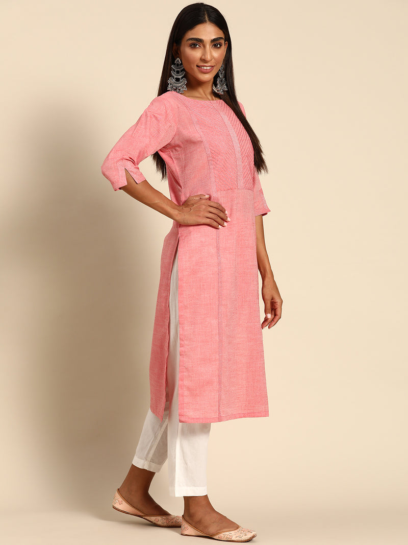 Pink Solid Cotton Kurta