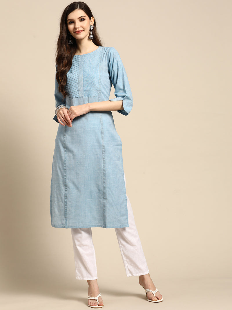 Blue Solid Cotton Kurta