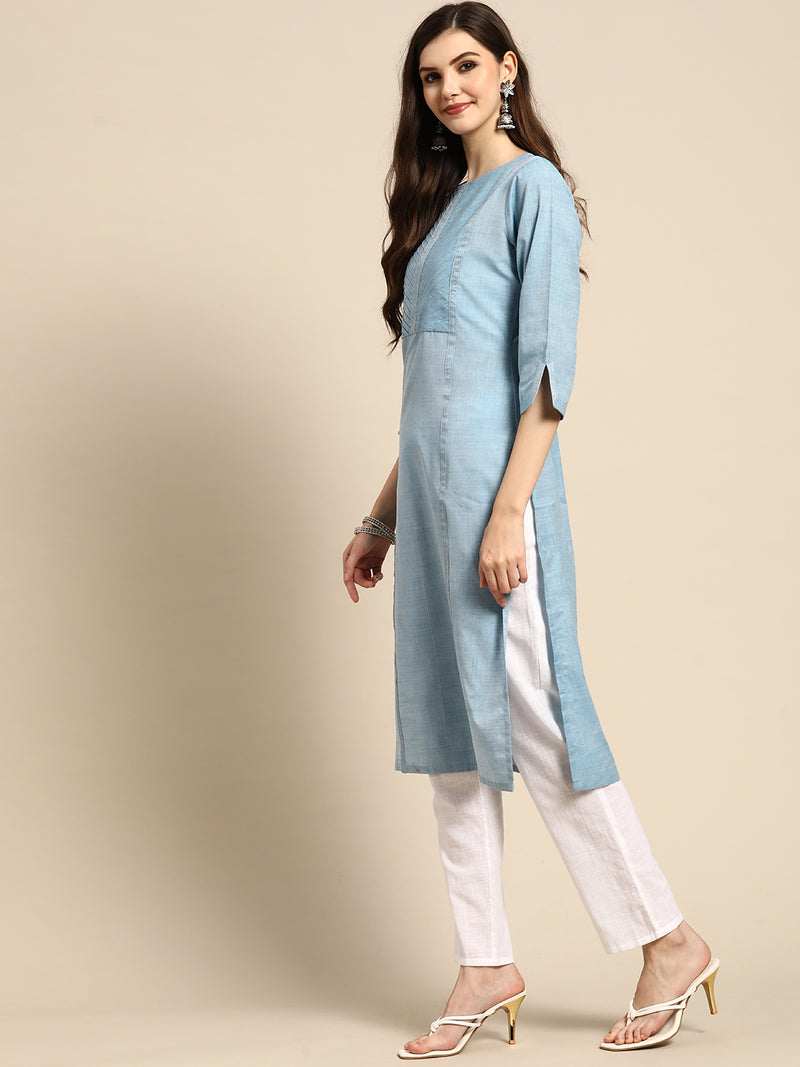 Blue Solid Cotton Kurta