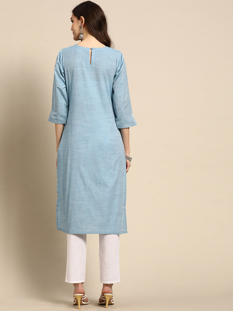 Blue Solid Cotton Kurta