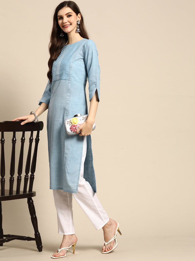 Blue Solid Cotton Kurta
