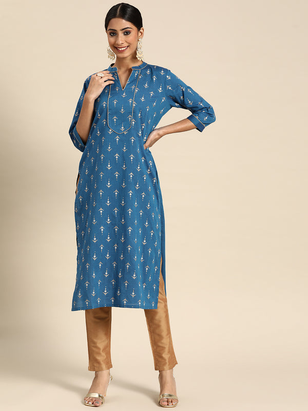 Blue Printed Cotton Kurta