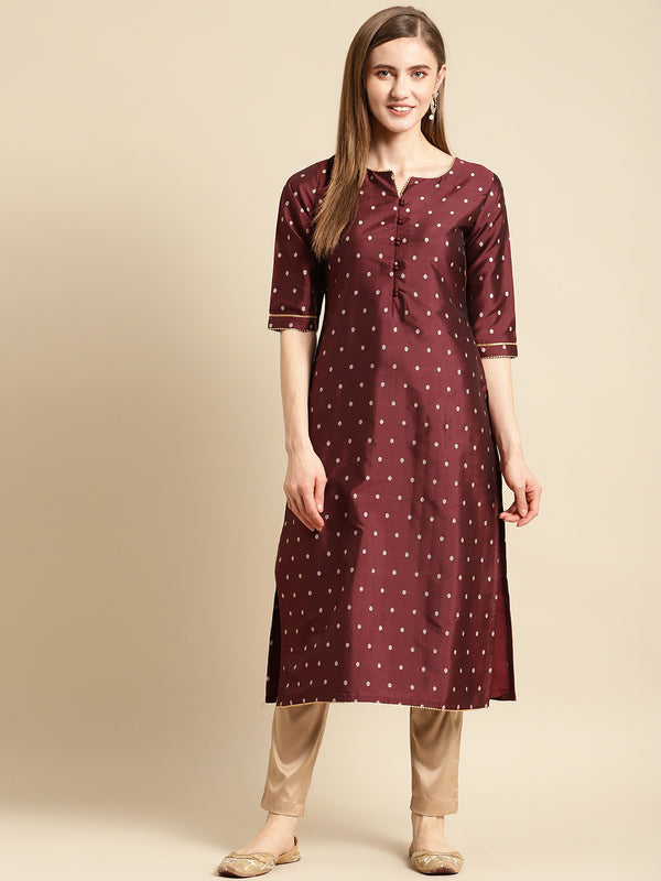 Maroon Woven Design Art Silk Straight Kurta