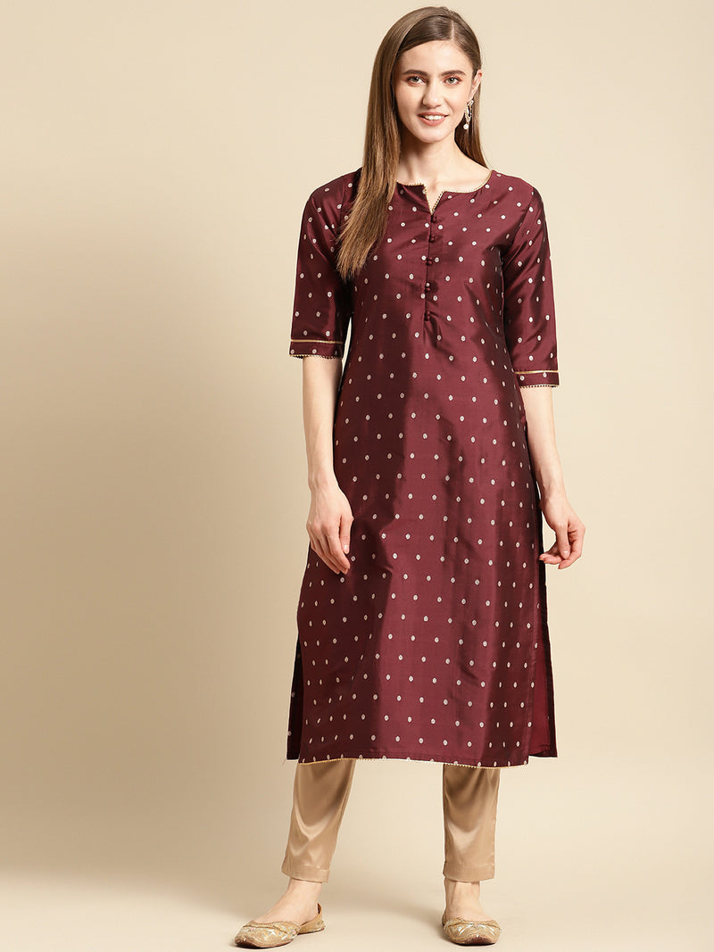 Maroon Woven Design Art Silk Straight Kurta