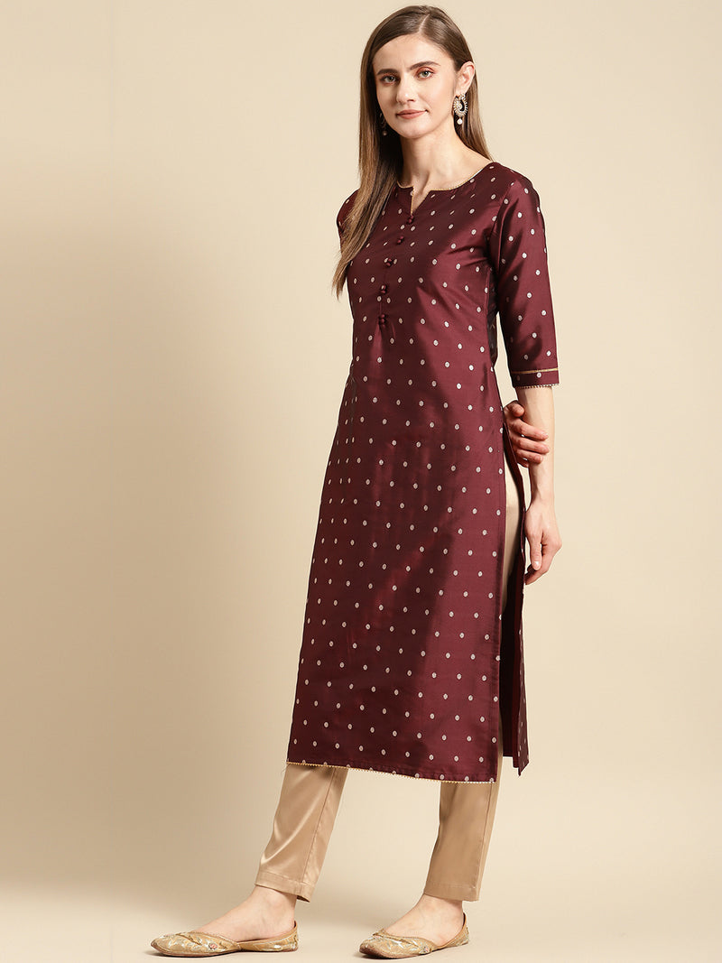 Maroon Woven Design Art Silk Straight Kurta