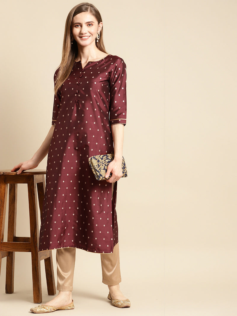 Maroon Woven Design Art Silk Straight Kurta