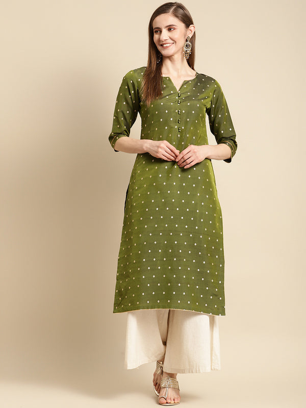 Olive Woven Design Art Silk Straight Kurta