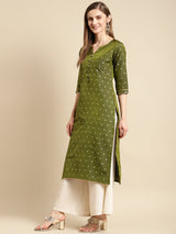 Olive Woven Design Art Silk Straight Kurta