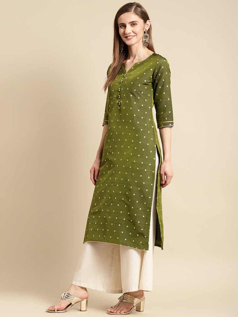 Olive Woven Design Art Silk Straight Kurta
