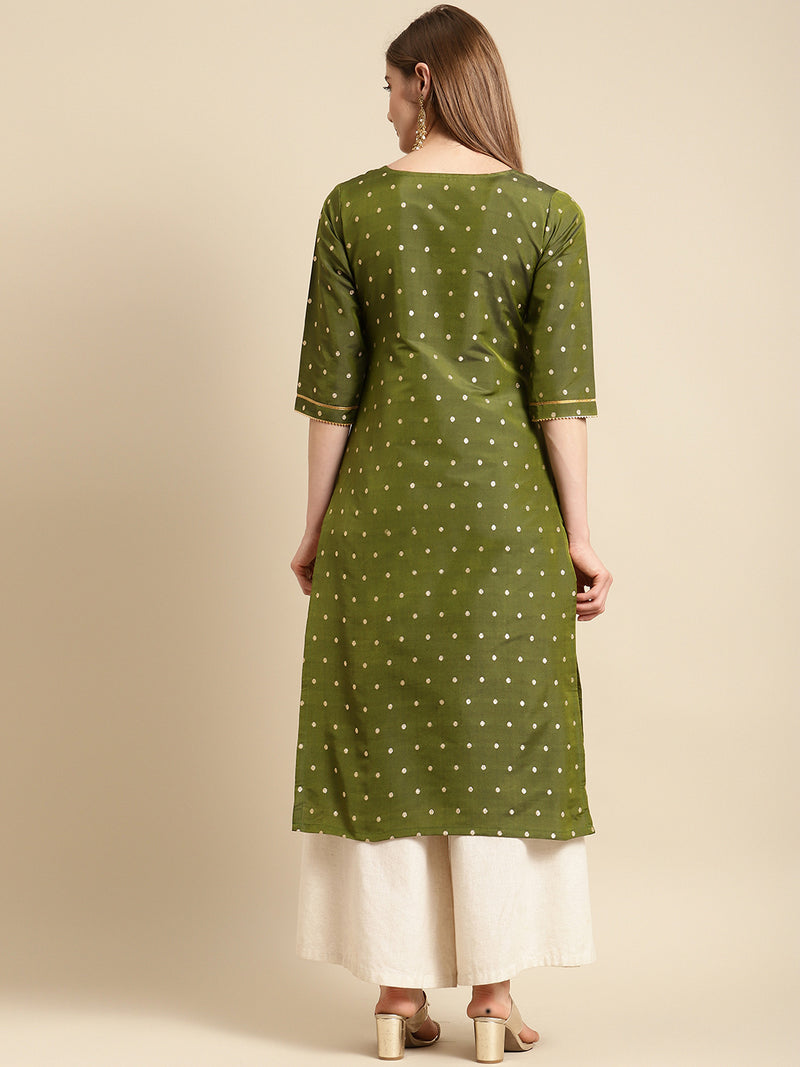 Olive Woven Design Art Silk Straight Kurta