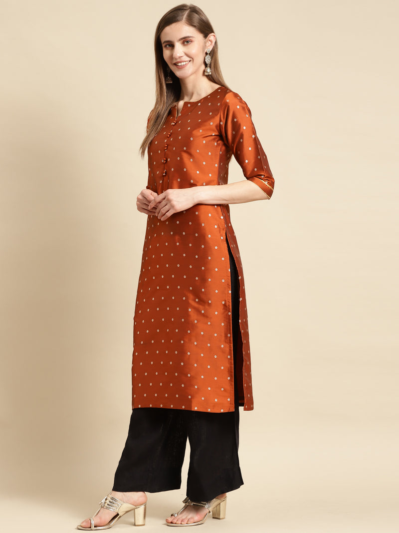 Rust Woven Design Art Silk Straight Kurta
