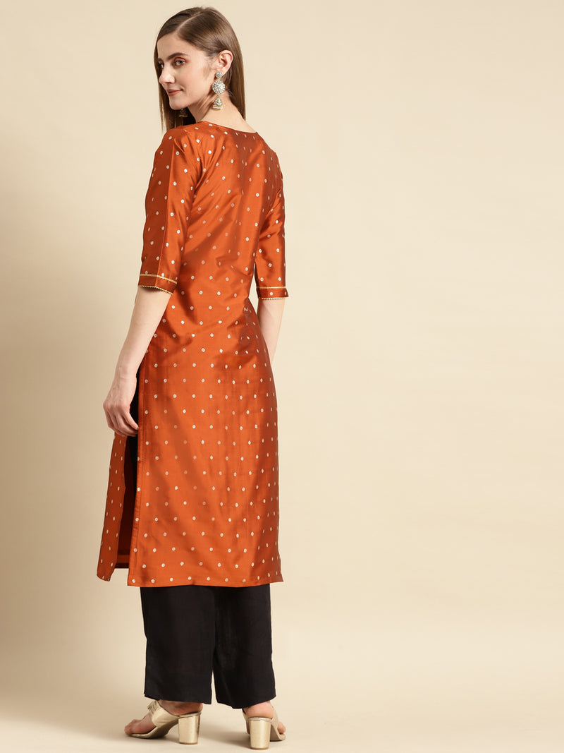 Rust Woven Design Art Silk Straight Kurta
