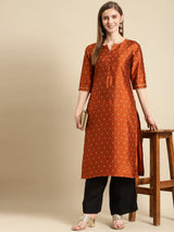 Rust Woven Design Art Silk Straight Kurta