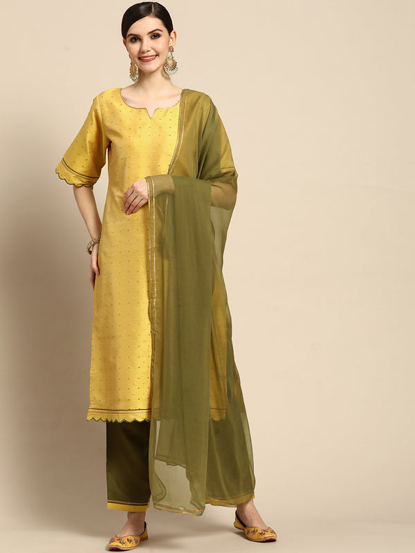 Yellow Self Design Art Silk Suit Set