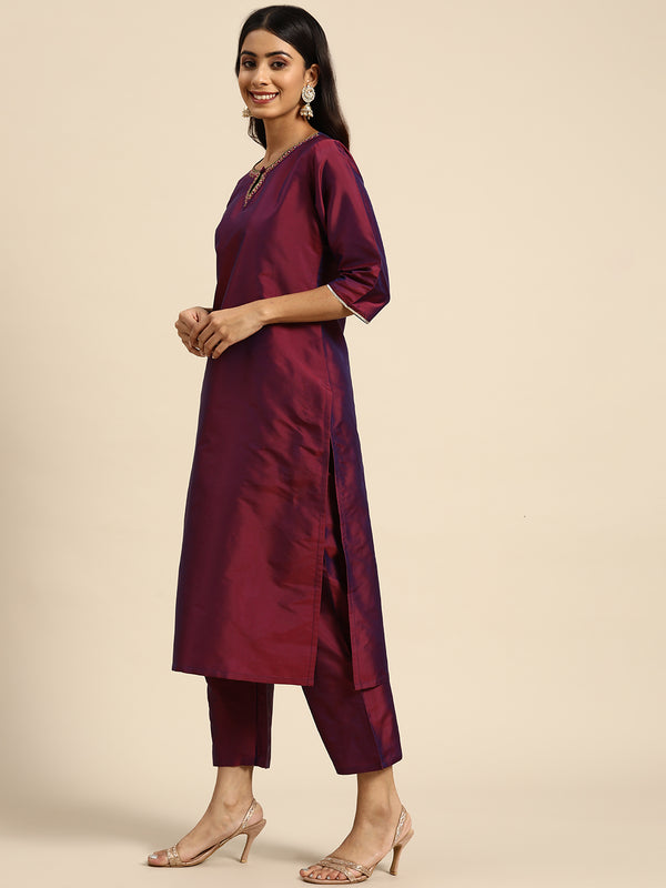Purple Solid Silk Blend Straight Suit Set
