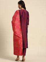 Purple Solid Silk Blend Straight Suit Set