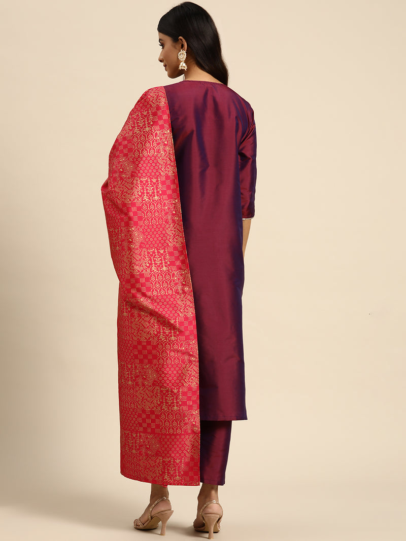 Purple Solid Silk Blend Straight Suit Set