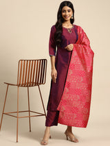 Purple Solid Silk Blend Straight Suit Set