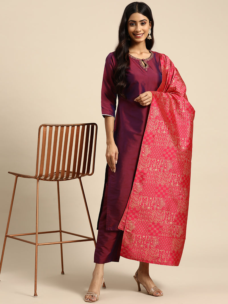 Purple Solid Silk Blend Straight Suit Set