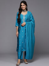 Blue Embroidered Silk Blend Straight Kurta With Trousers & Dupatta