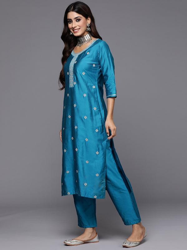 Blue Embroidered Silk Blend Straight Kurta With Trousers & Dupatta