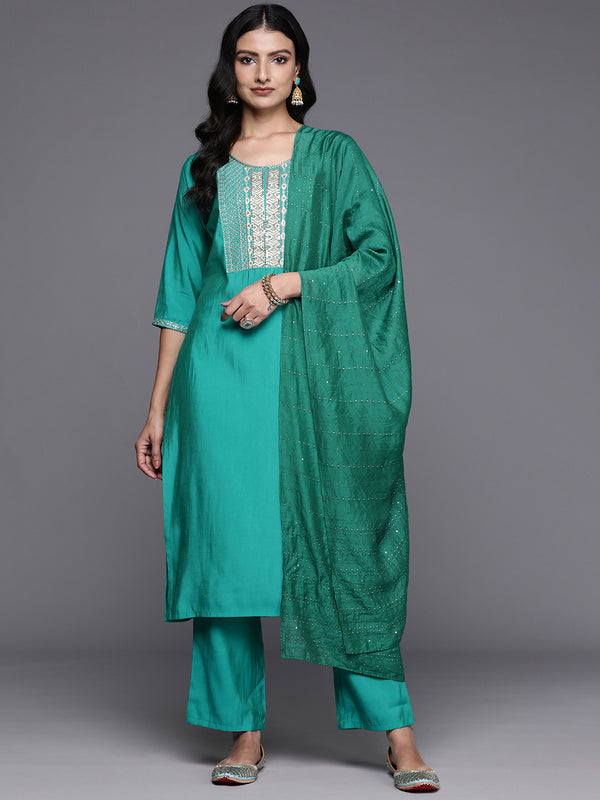 Green Yoke Design Silk Blend Straight Kurta With Trousers & Dupatta