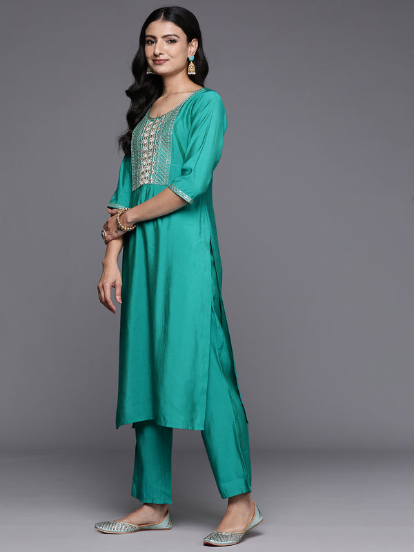 Green Yoke Design Silk Blend Straight Kurta With Trousers & Dupatta