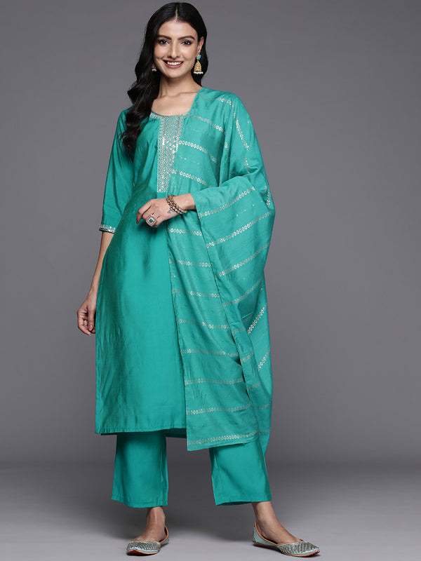 Green Yoke Design Silk Blend Straight Kurta With Trousers & Dupatta