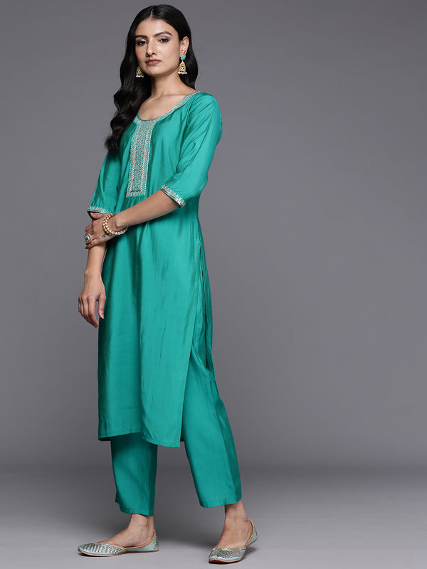 Green Yoke Design Silk Blend Straight Kurta With Trousers & Dupatta