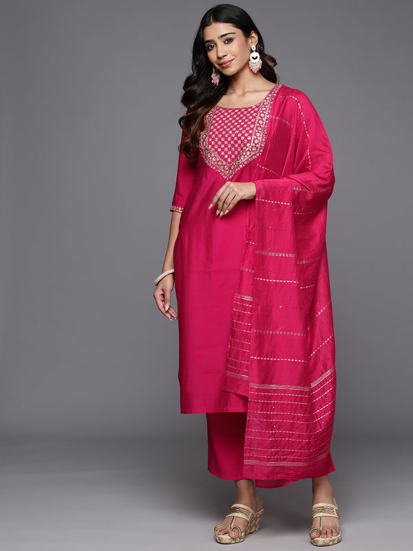 Pink Yoke Design Silk Blend Straight Kurta With Trousers & Dupatta