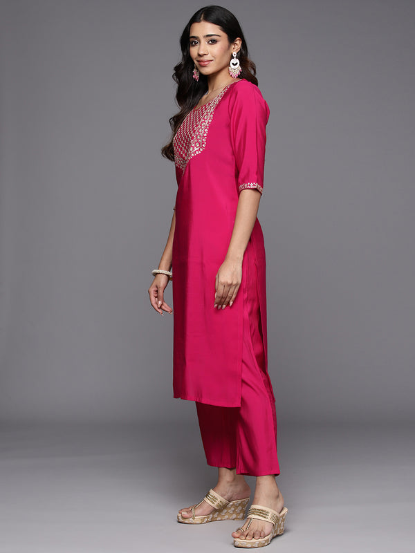 Pink Yoke Design Silk Blend Straight Kurta With Trousers & Dupatta