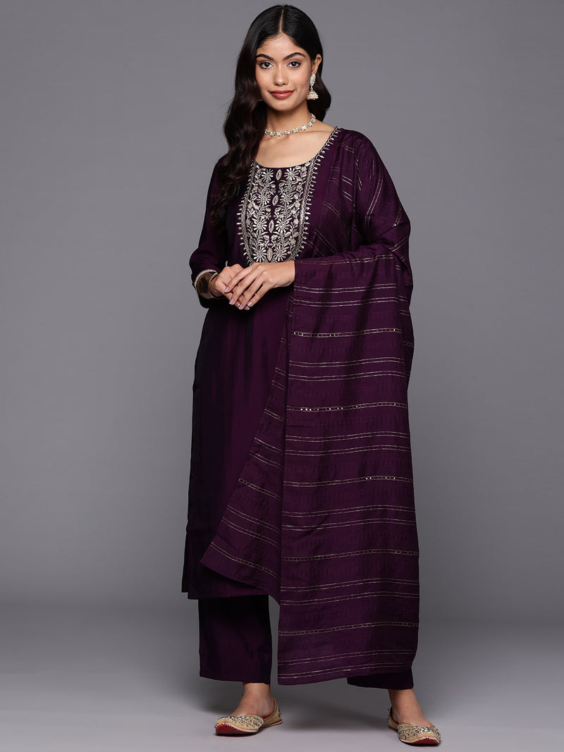 Purple Yoke Design Silk Blend Straight Kurta With Trousers & Dupatta