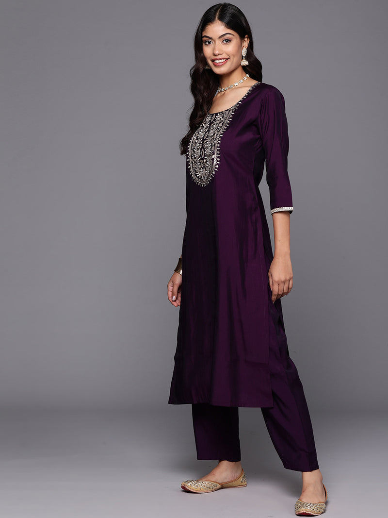 Purple Yoke Design Silk Blend Straight Kurta With Trousers & Dupatta