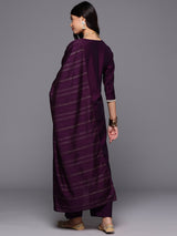 Purple Yoke Design Silk Blend Straight Kurta With Trousers & Dupatta
